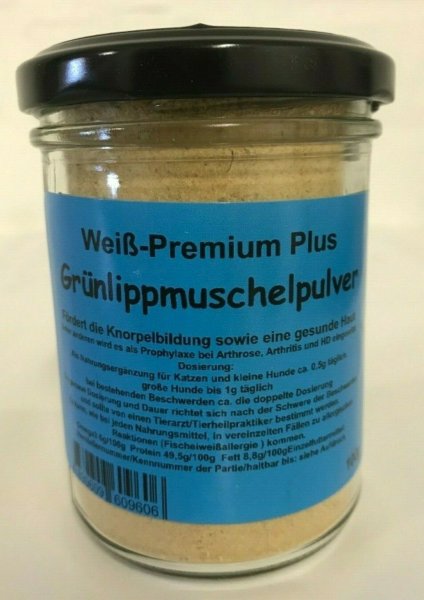 Weiß Premium Plus GRÜNLIPPMUSCHEL PULVER 100g Glas mit Dosierlöffel