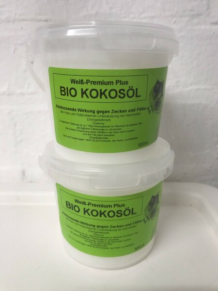 Weiß Premium-Plus Bio-Kokosöl 2x500ml / 1 Liter NATUR PUR Hunde Katzen Zecken
